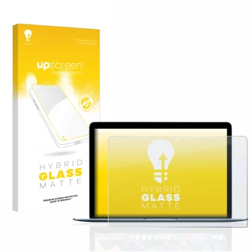 Vorderseite einer Produktverpackung mit dem Markenlogo upscreen. Daneben ist das Gerät Apple MacBook 12