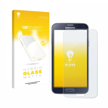Vorderseite einer Produktverpackung mit dem Markenlogo upscreen. Daneben ist das Gerät Samsung Galaxy S5 Neo mit dem zugehörig