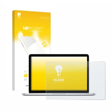 Vorderseite einer Produktverpackung mit dem Markenlogo upscreen. Daneben ist das Gerät Apple MacBook Retina Pro 13