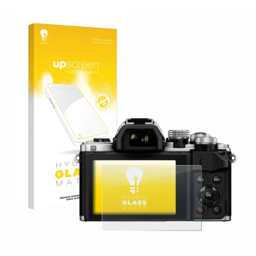 Vorderseite einer Produktverpackung mit dem Markenlogo upscreen. Daneben ist das Gerät Olympus OM-D E-M10 Mark II mit dem zuge