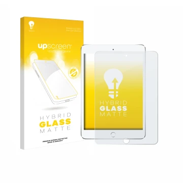 Vorderseite einer Produktverpackung mit dem Markenlogo upscreen. Daneben ist das Gerät Apple iPad Mini 4 2015 mit dem zugehöri