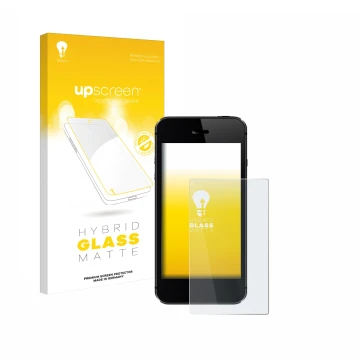 Vorderseite einer Produktverpackung mit dem Markenlogo upscreen. Daneben ist das Gerät mit dem zugehörigen Displayschutz abgeb