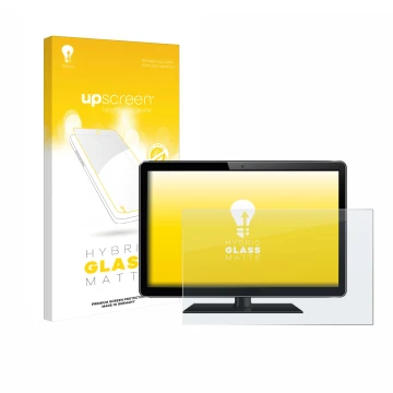 Vorderseite einer Produktverpackung mit dem Markenlogo upscreen. Daneben ist das Gerät mit dem zugehörigen Displayschutz abgeb