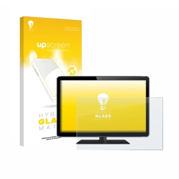 Vorderseite einer Produktverpackung mit dem Markenlogo upscreen. Daneben ist das Gerät mit dem zugehörigen Displayschutz abgeb