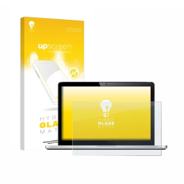 Vorderseite einer Produktverpackung mit dem Markenlogo upscreen. Daneben ist das Gerät mit dem zugehörigen Displayschutz abgeb