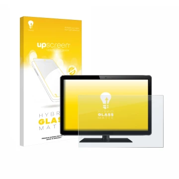 Vorderseite einer Produktverpackung mit dem Markenlogo upscreen. Daneben ist das Gerät mit dem zugehörigen Displayschutz abgeb