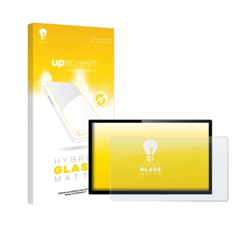 Vorderseite einer Produktverpackung mit dem Markenlogo upscreen. Daneben ist das Gerät mit dem zugehörigen Displayschutz abgeb