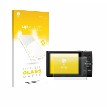 Vorderseite einer Produktverpackung mit dem Markenlogo upscreen. Daneben ist das Gerät Canon Digital Ixus 285 hs mit dem zugeh