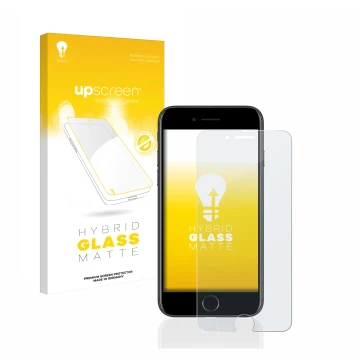 Vorderseite einer Produktverpackung mit dem Markenlogo upscreen. Daneben ist das Gerät Apple iPhone 7 mit dem zugehörigen Disp