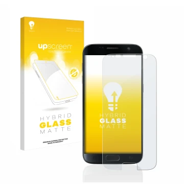 Vorderseite einer Produktverpackung mit dem Markenlogo upscreen. Daneben ist das Gerät Samsung Galaxy S7 mit dem zugehörigen D