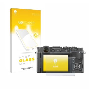 Vorderseite einer Produktverpackung mit dem Markenlogo upscreen. Daneben ist das Gerät Olympus PEN-F mit dem zugehörigen Displ