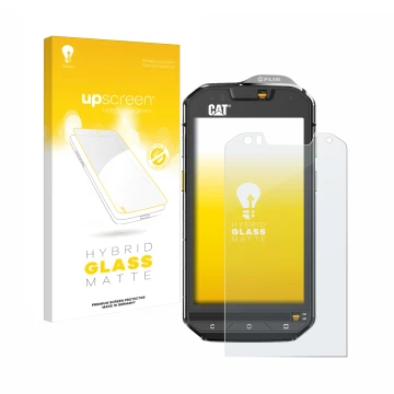 Vorderseite einer Produktverpackung mit dem Markenlogo upscreen. Daneben ist das Gerät Caterpillar Cat S60 mit dem zugehörigen