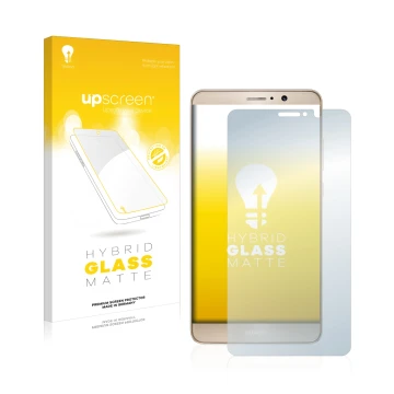 Vorderseite einer Produktverpackung mit dem Markenlogo upscreen. Daneben ist das Gerät Huawei Mate 9 mit dem zugehörigen Displ