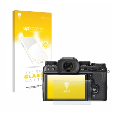 Vorderseite einer Produktverpackung mit dem Markenlogo upscreen. Daneben ist das Gerät Fujifilm X-T2 mit dem zugehörigen Displ