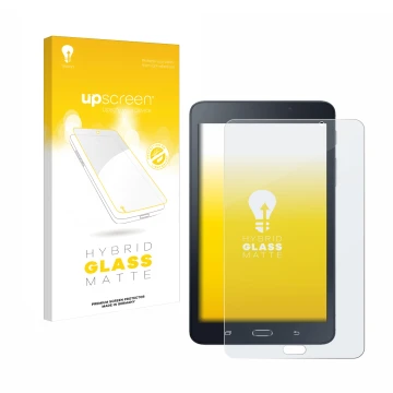 Vorderseite einer Produktverpackung mit dem Markenlogo upscreen. Daneben ist das Gerät Samsung Galaxy Tab A6 7.0 mit dem zugeh