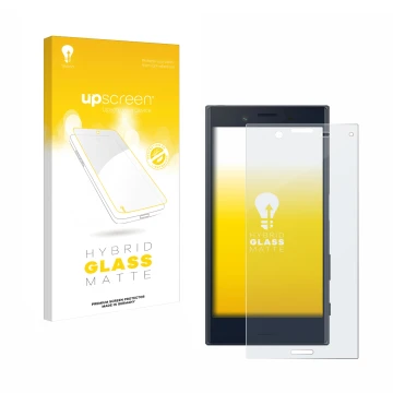 Vorderseite einer Produktverpackung mit dem Markenlogo upscreen. Daneben ist das Gerät Sony Xperia X Compact mit dem zugehörig