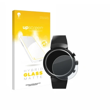 Vorderseite einer Produktverpackung mit dem Markenlogo upscreen. Daneben ist das Gerät ASUS ZenWatch 3 1.39
