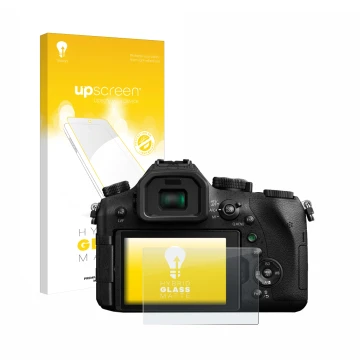 Vorderseite einer Produktverpackung mit dem Markenlogo upscreen. Daneben ist das Gerät Panasonic Lumix DMC-FZ2000 mit dem zuge