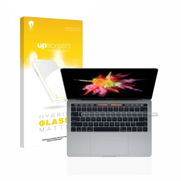 Vorderseite einer Produktverpackung mit dem Markenlogo upscreen. Daneben ist das Gerät Apple MacBook Pro 13