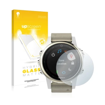 Vorderseite einer Produktverpackung mit dem Markenlogo upscreen. Daneben ist das Gerät Garmin Fenix 5S (42 mm) mit dem zugehör