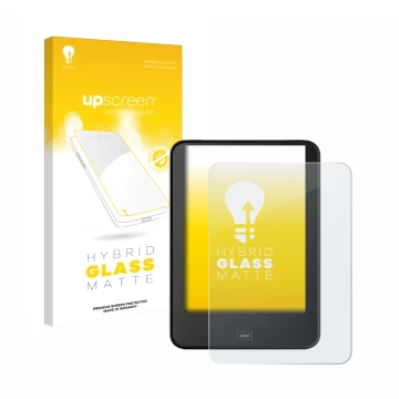 Vorderseite einer Produktverpackung mit dem Markenlogo upscreen. Daneben ist das Gerät Tolino Vision 4 HD mit dem zugehörigen 