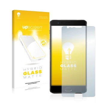 Vorderseite einer Produktverpackung mit dem Markenlogo upscreen. Daneben ist das Gerät OnePlus 3T mit dem zugehörigen Displays