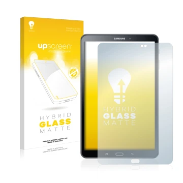 Vorderseite einer Produktverpackung mit dem Markenlogo upscreen. Daneben ist das Gerät Samsung Galaxy Tab A 10.1 2016 mit dem 