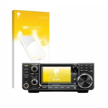 Vorderseite einer Produktverpackung mit dem Markenlogo upscreen. Daneben ist das Gerät Icom IC-7300 mit dem zugehörigen Displa