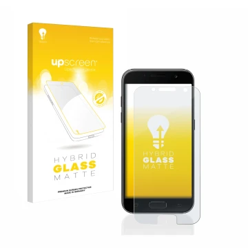 Vorderseite einer Produktverpackung mit dem Markenlogo upscreen. Daneben ist das Gerät Samsung Galaxy A3 2017 mit dem zugehöri