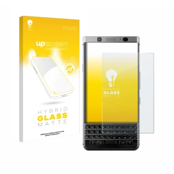 Vorderseite einer Produktverpackung mit dem Markenlogo upscreen. Daneben ist das Gerät BlackBerry Keyone mit dem zugehörigen D