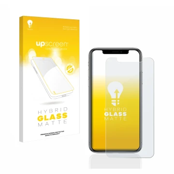 Vorderseite einer Produktverpackung mit dem Markenlogo upscreen. Daneben ist das Gerät Apple iPhone X mit dem zugehörigen Disp