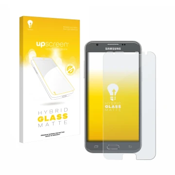 Vorderseite einer Produktverpackung mit dem Markenlogo upscreen. Daneben ist das Gerät Samsung Galaxy J3 2017 mit dem zugehöri
