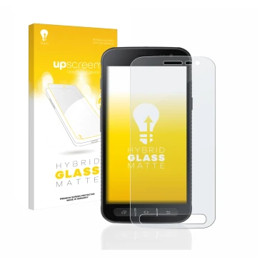 Vorderseite einer Produktverpackung mit dem Markenlogo upscreen. Daneben ist das Gerät Samsung Galaxy XCover 4 mit dem zugehör