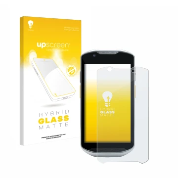 Vorderseite einer Produktverpackung mit dem Markenlogo upscreen. Daneben ist das Gerät Zebra TC56 mit dem zugehörigen Displays