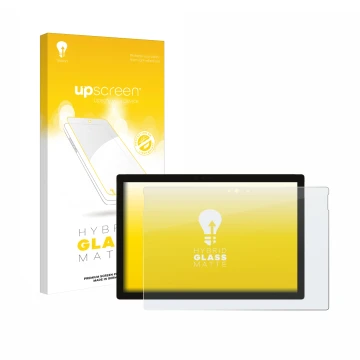 Vorderseite einer Produktverpackung mit dem Markenlogo upscreen. Daneben ist das Gerät Microsoft Surface Pro 5 2017 mit dem zu