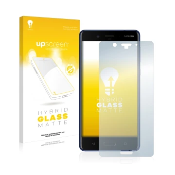 Vorderseite einer Produktverpackung mit dem Markenlogo upscreen. Daneben ist das Gerät Nokia 8 mit dem zugehörigen Displayschu