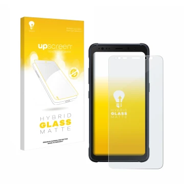 Vorderseite einer Produktverpackung mit dem Markenlogo upscreen. Daneben ist das Gerät Samsung Galaxy S8 Active mit dem zugehö