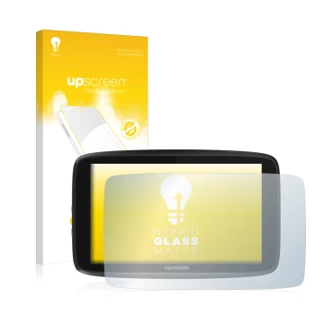 Vorderseite einer Produktverpackung mit dem Markenlogo upscreen. Daneben ist das Gerät TomTom GO 6250 mit dem zugehörigen Disp