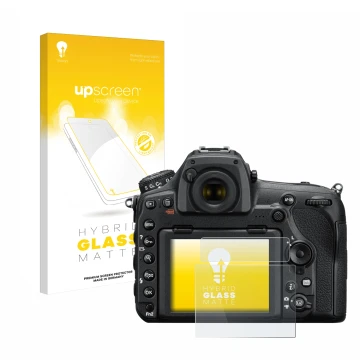 Vorderseite einer Produktverpackung mit dem Markenlogo upscreen. Daneben ist das Gerät Nikon D850 mit dem zugehörigen Displays