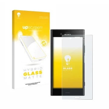 Vorderseite einer Produktverpackung mit dem Markenlogo upscreen. Daneben ist das Gerät Sony Xperia XZ1 mit dem zugehörigen Dis