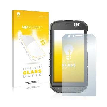 Vorderseite einer Produktverpackung mit dem Markenlogo upscreen. Daneben ist das Gerät Caterpillar Cat S31 mit dem zugehörigen