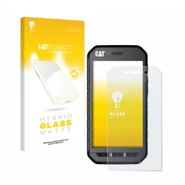 Vorderseite einer Produktverpackung mit dem Markenlogo upscreen. Daneben ist das Gerät Caterpillar Cat S41 mit dem zugehörigen