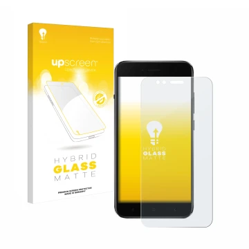 Vorderseite einer Produktverpackung mit dem Markenlogo upscreen. Daneben ist das Gerät Xiaomi Mi A1 mit dem zugehörigen Displa