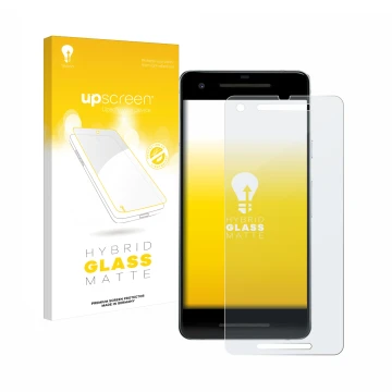 Vorderseite einer Produktverpackung mit dem Markenlogo upscreen. Daneben ist das Gerät Google Pixel 2 mit dem zugehörigen Disp