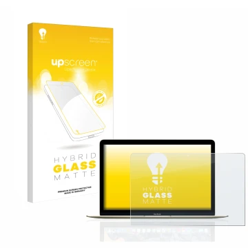 Vorderseite einer Produktverpackung mit dem Markenlogo upscreen. Daneben ist das Gerät Apple MacBook Retina 12