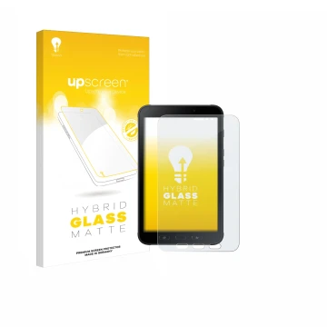 Vorderseite einer Produktverpackung mit dem Markenlogo upscreen. Daneben ist das Gerät Samsung Galaxy Tab Active 2 mit dem zug