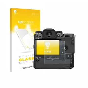 Vorderseite einer Produktverpackung mit dem Markenlogo upscreen. Daneben ist das Gerät Fujifilm X-H1 mit dem zugehörigen Displ