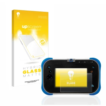 Vorderseite einer Produktverpackung mit dem Markenlogo upscreen. Daneben ist das Gerät Vtech Storio Max 2.0 mit dem zugehörige