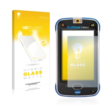 Vorderseite einer Produktverpackung mit dem Markenlogo upscreen. Daneben ist das Gerät Vtech Kidicom Max mit dem zugehörigen D