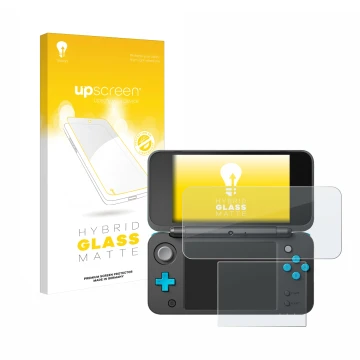 Vorderseite einer Produktverpackung mit dem Markenlogo upscreen. Daneben ist das Gerät New Nintendo 2DS XL mit dem zugehörigen